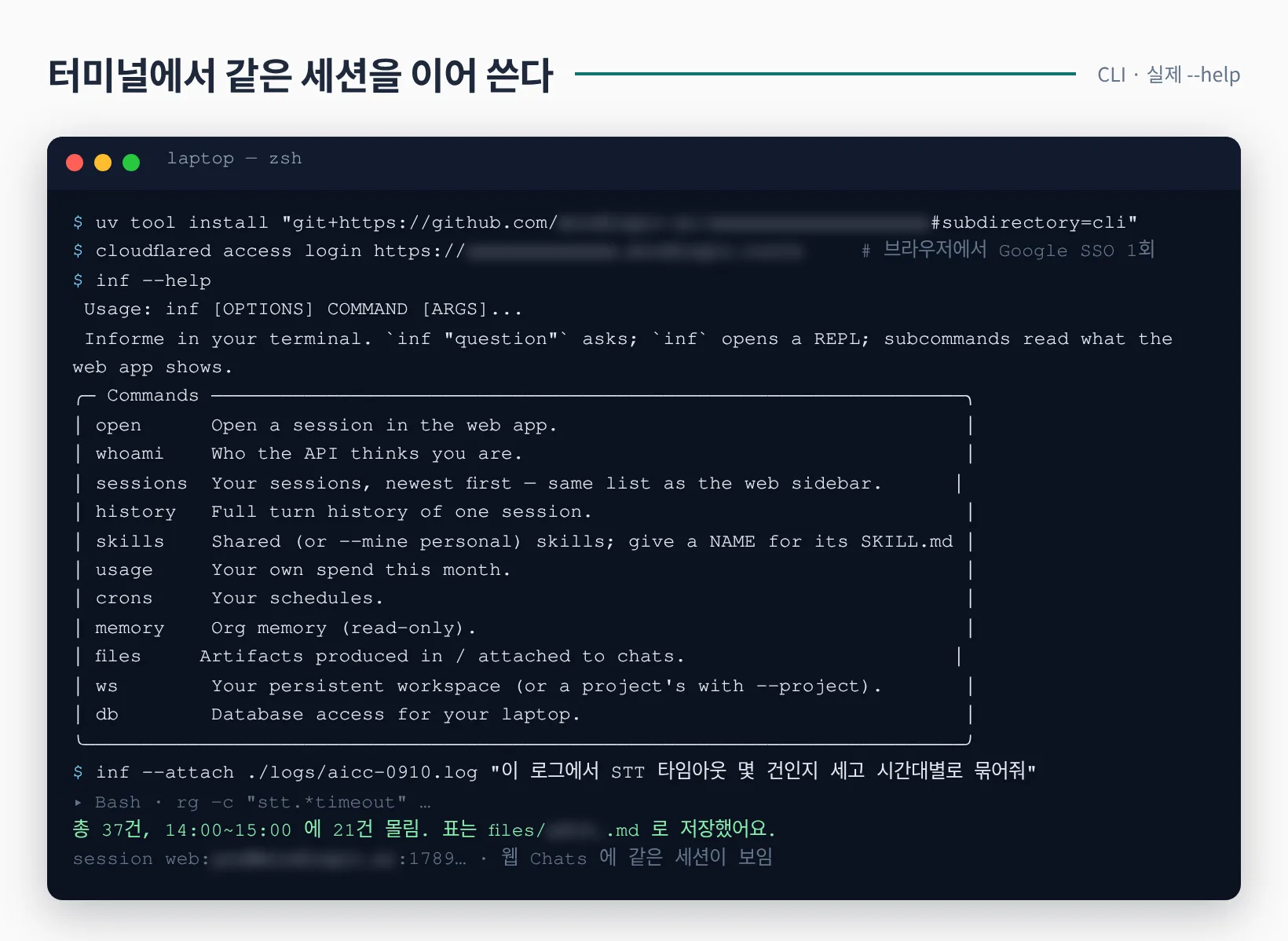 inf --help 실제 출력과 파일을 첨부해 질문하는 세션 예시 터미널