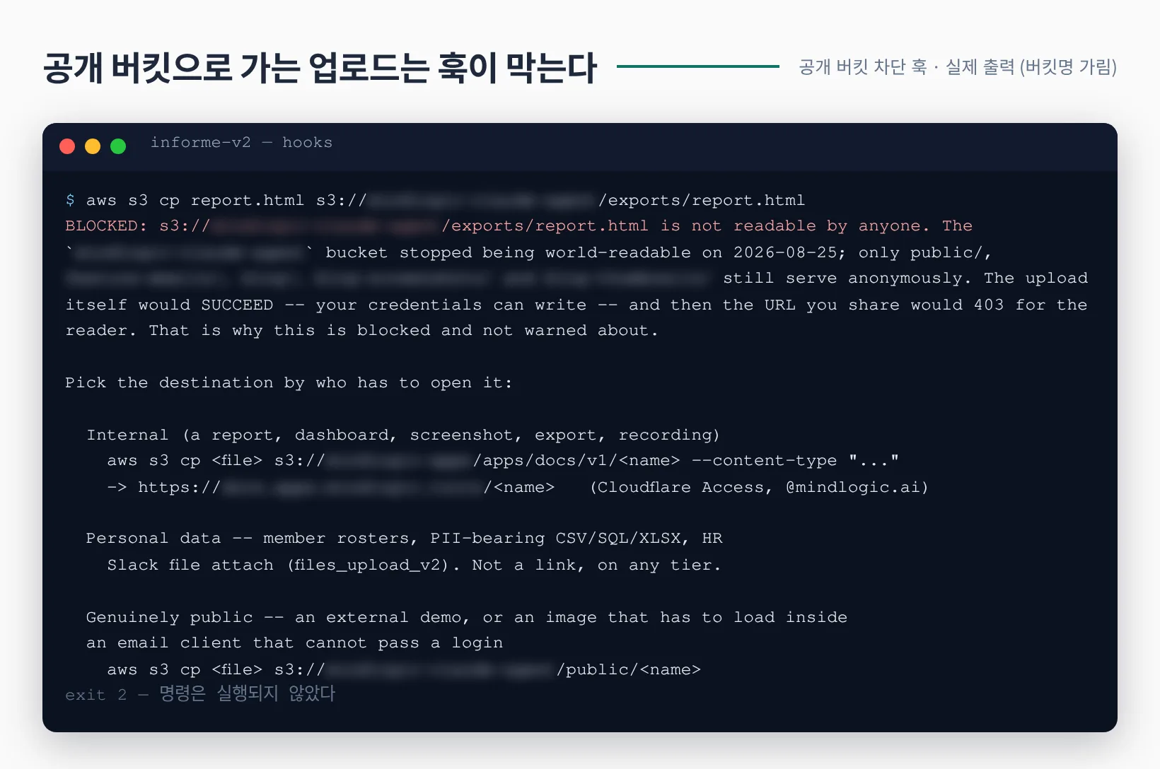옛 공개 접두사로 올리려는 S3 업로드를 훅이 거부하는 실제 출력